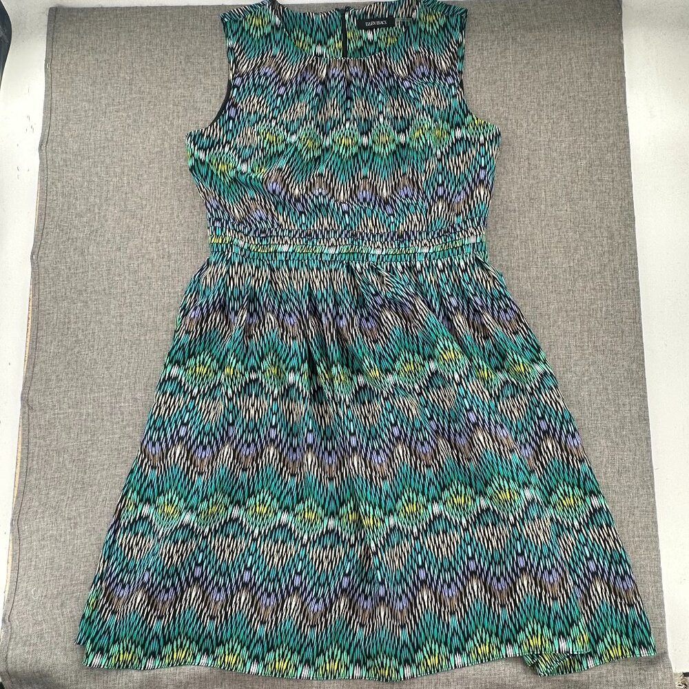 Ellen Tracy A-Line Dress‎ Sleeveless Pleated Sz 16 Teal Black Round Neck Lined